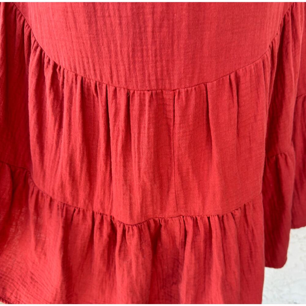 Drew Women's Rust Tiered High Low Midi Shirt Dress XS Cotton Gauze Button Front - Picture 9 of 12